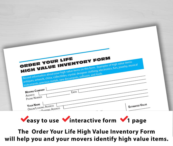 Order Your Life High Value Inventory Form